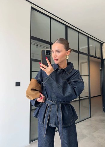 Kemerli Koyu Mavi Denim Ceket