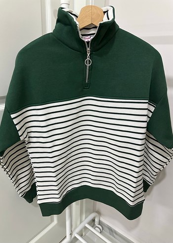 Yarım Fermuarlı Çizgili Yeşil Kadın Sweatshirt