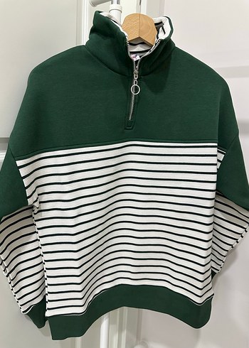 m Beden Yarım Fermuarlı Çizgili Yeşil Kadın Sweatshirt