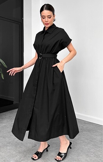 Zara Siyah Kuşaklı Poplin Elbise