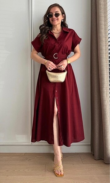 Bordo Kuşaklı Poplin Elbise