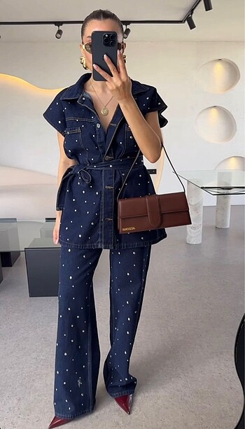 m Beden lacivert Renk Zara Model Zımbalı Denim Takım