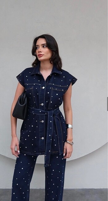 l Beden lacivert Renk Zımbalı Denim Takım
