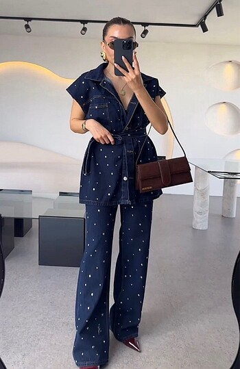 m Beden lacivert Renk Zımbalı Denim Takım