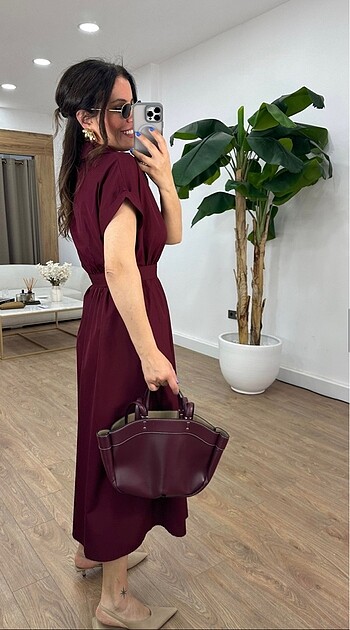 s Beden bordo Renk Bordo Kemerli Poplin Elbise