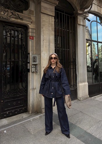 Kemerli Lacivert Kadın Denim Ceket