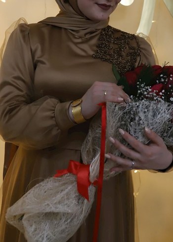 Kahverengi Uzun Kollu Abiye Elbise - Görsel 6