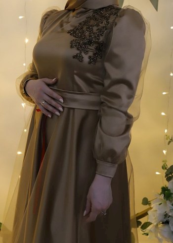 Kahverengi Uzun Kollu Abiye Elbise - Görsel 8