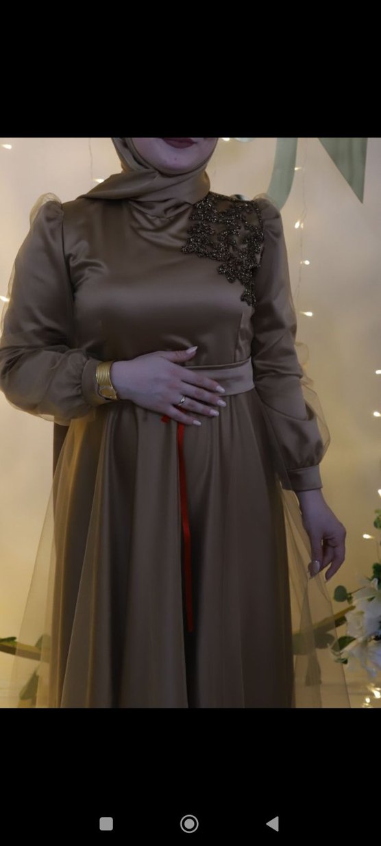 Kahverengi Uzun Kollu Abiye Elbise - Görsel 3