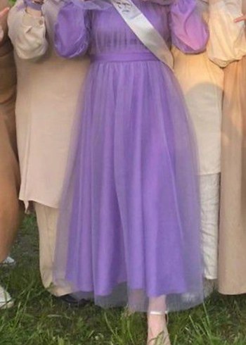 Uzun Kollu, Yüksek Yakalı Mor Bohem Midi Elbise - Görsel 3