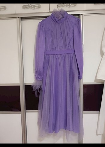 Uzun Kollu, Yüksek Yakalı Mor Bohem Midi Elbise - Görsel 5