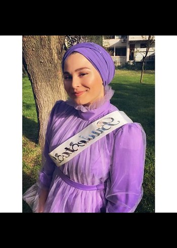 Uzun Kollu, Yüksek Yakalı Mor Bohem Midi Elbise - Görsel 4