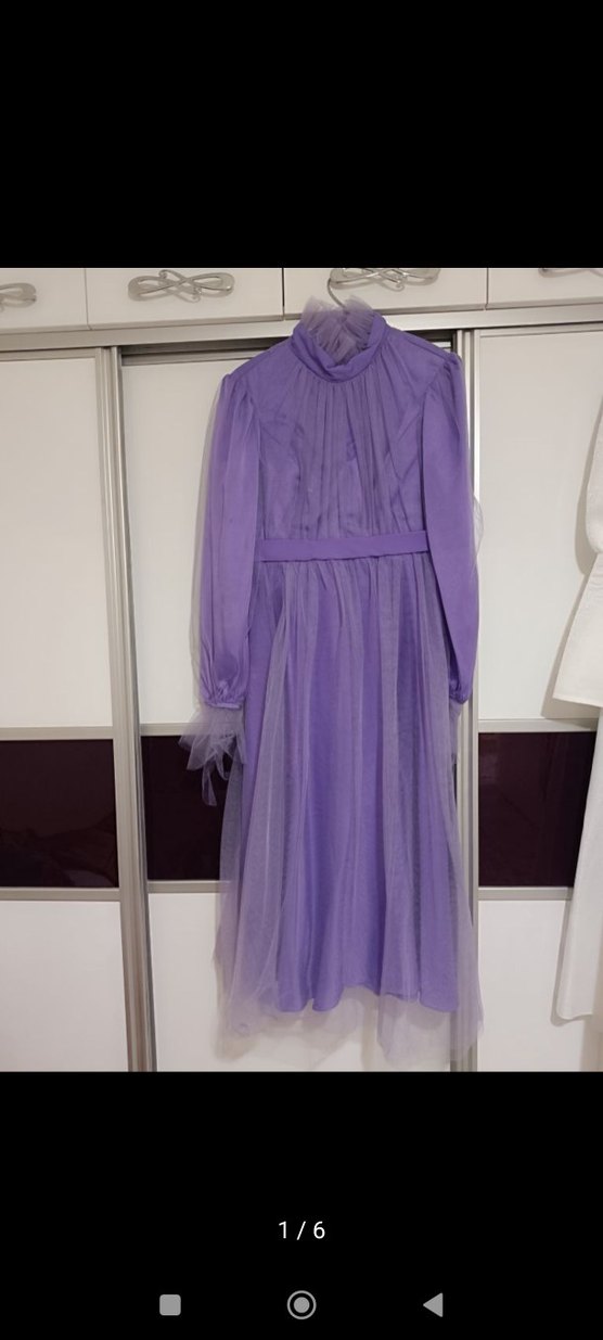 Uzun Kollu, Yüksek Yakalı Mor Bohem Midi Elbise - Görsel 5