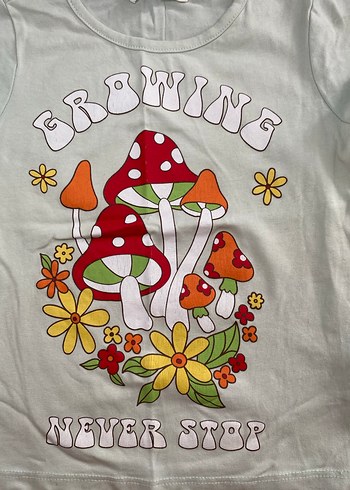 Çiçek ve Mantar Baskılı Kız Tişörtü - Görsel 2