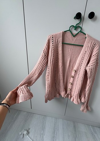 Pembe V Yaka Örgü Kadın Hırka