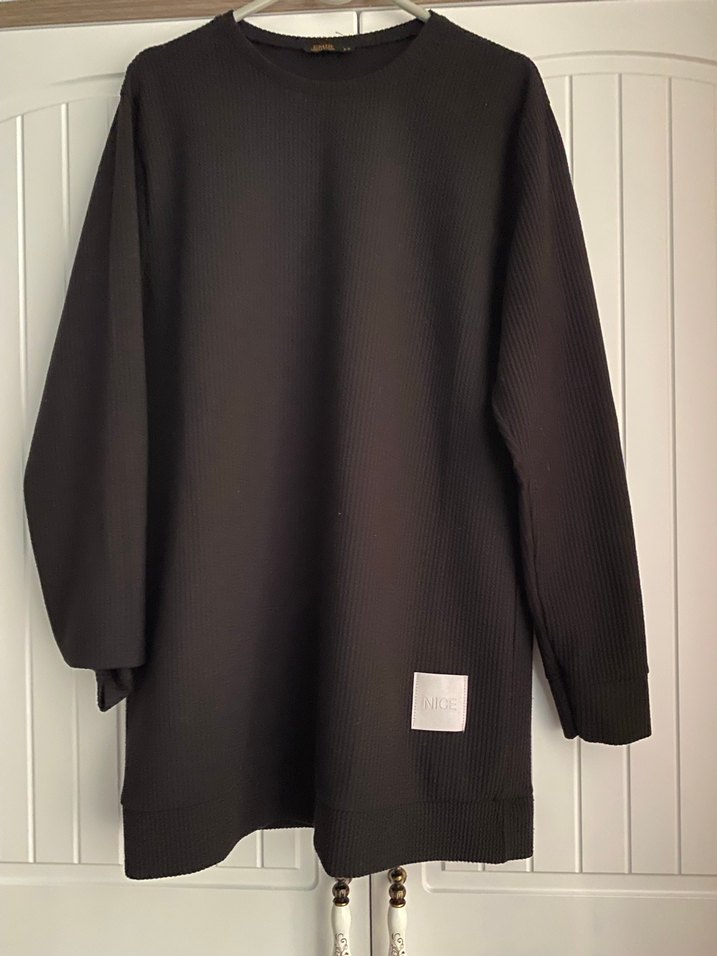 Siyah Uzun Kollu Keten Kadın Sweatshirt - Görsel 3