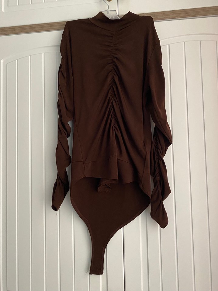 Drapeli Uzun Kollu Kahverengi Kadın Ceket - Görsel 3