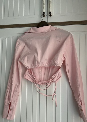 Düğmeli Pembe Keten V Yaka Kadın Gömlek - Görsel 4