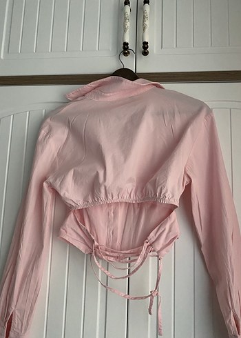 Düğmeli Pembe Keten V Yaka Kadın Gömlek - Görsel 3