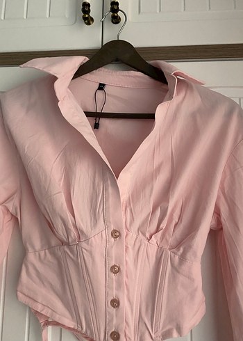 Düğmeli Pembe Keten V Yaka Kadın Gömlek - Görsel 2