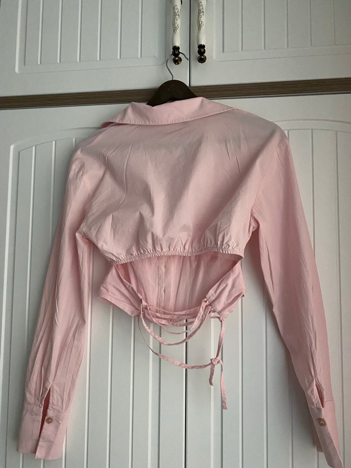 Düğmeli Pembe Keten V Yaka Kadın Gömlek - Görsel 4