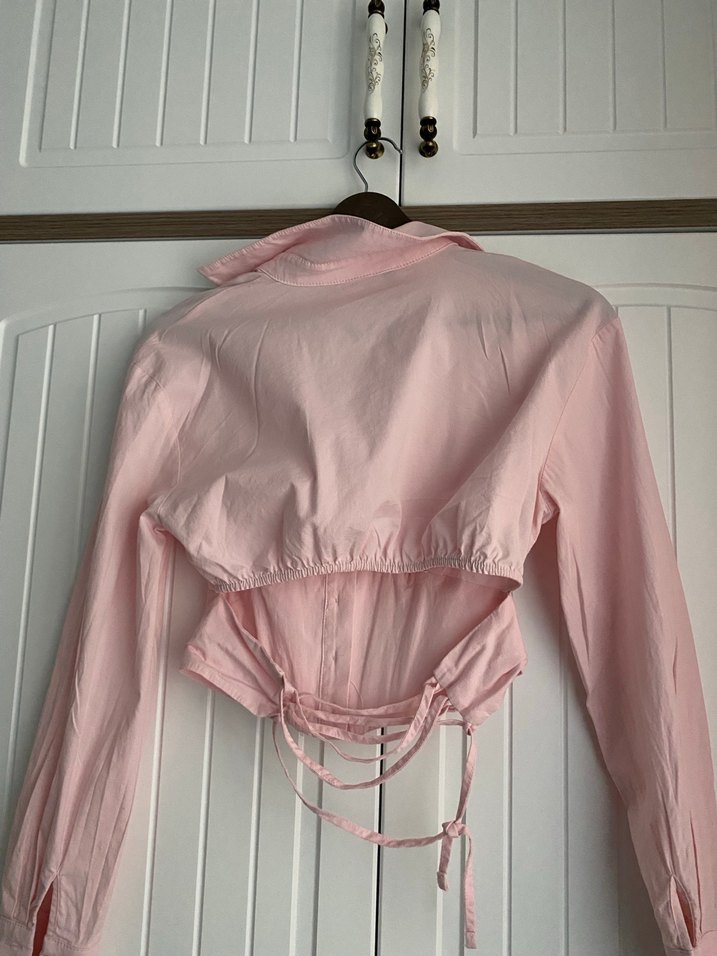 Düğmeli Pembe Keten V Yaka Kadın Gömlek - Görsel 3