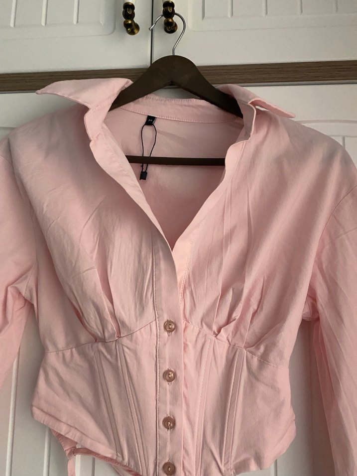 Düğmeli Pembe Keten V Yaka Kadın Gömlek - Görsel 2