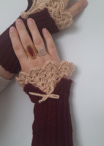 Bordo Örgü Bohem Kadın Eldiveni - Görsel 2