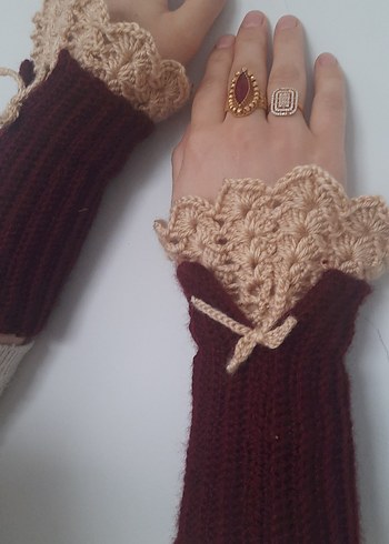 Bordo Örgü Bohem Kadın Eldiveni - Görsel 6