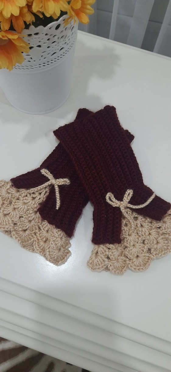 Bordo Örgü Bohem Kadın Eldiveni - Görsel 3