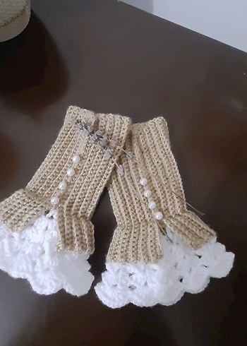 Bej Örgü Kadın Eldiveni İnci Detaylı - Görsel 2