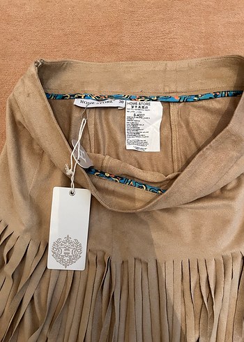 Püsküllü Bej Süet Bohem Uzun Etek - Görsel 4