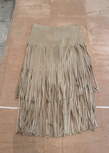 Püsküllü Bej Süet Bohem Uzun Etek - Görsel 3