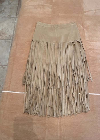 Püsküllü Bej Süet Bohem Uzun Etek - Görsel 2