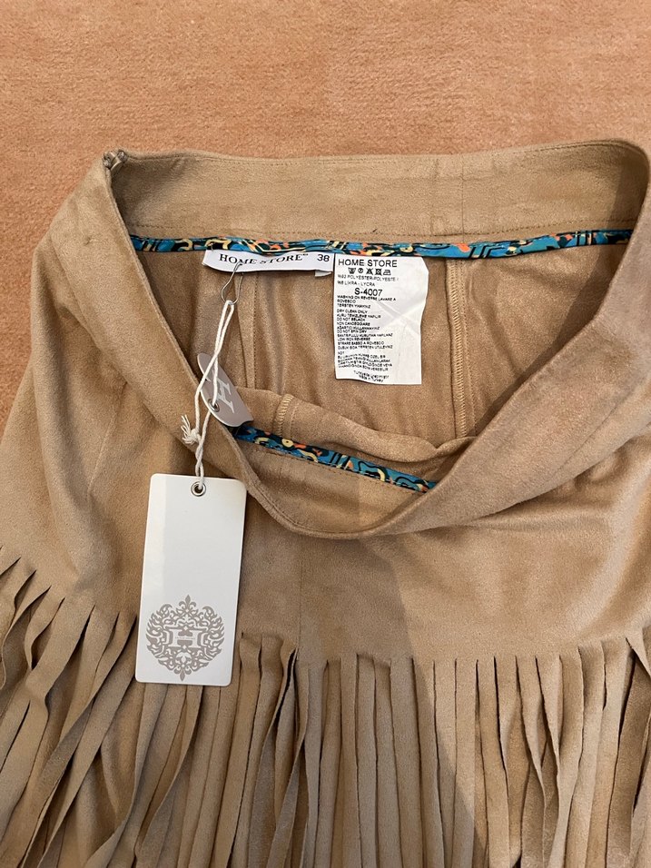 Püsküllü Bej Süet Bohem Uzun Etek - Görsel 4