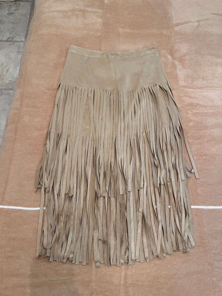 Püsküllü Bej Süet Bohem Uzun Etek - Görsel 3