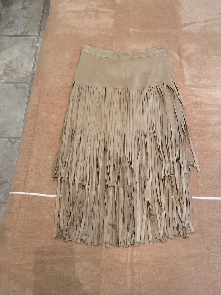 Püsküllü Bej Süet Bohem Uzun Etek - Görsel 2