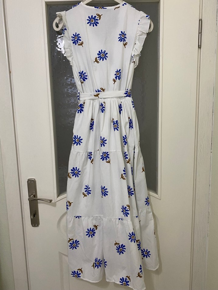 Nakışlı Beyaz Uzun Pamuklu Elbise - Görsel 3