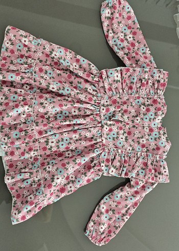 Diğer Uzun Kollu Pembe Çiçekli Kız Bebek Elbisesi