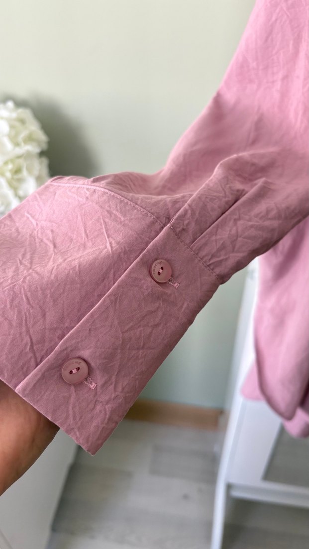 Pembe Düğmeli Keten Gömlek - Görsel 4