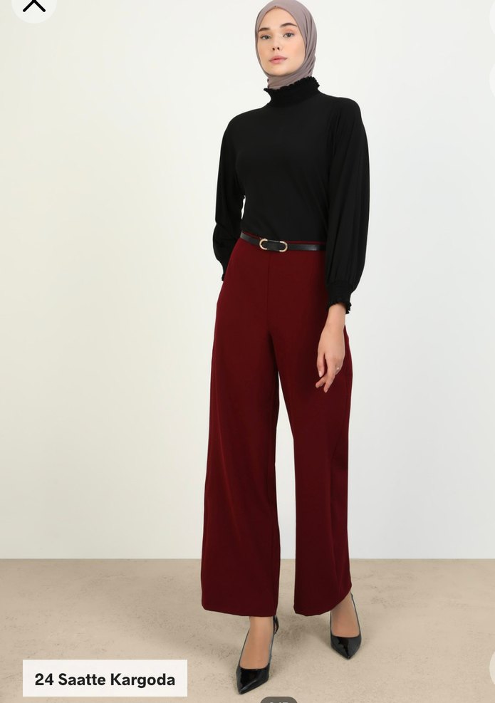 Bordo Kemerli Kadın Kumaş Pantolon - Görsel 2