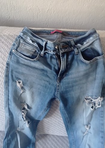 26 Beden Gevşek Kesim, Bağcıklı Mavi Kadın Kot Pantolon
