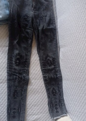 34 Beden gri Renk Gri Bağlamalı Tie-Dye Kadın Kot Pantolon