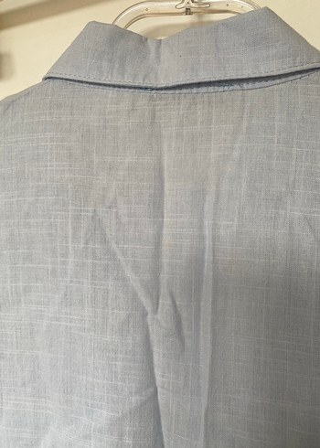 Mavi Keten Düğmeli Bol Kesim Gömlek - Görsel 4