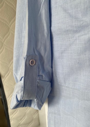 Mavi Keten Düğmeli Bol Kesim Gömlek - Görsel 6