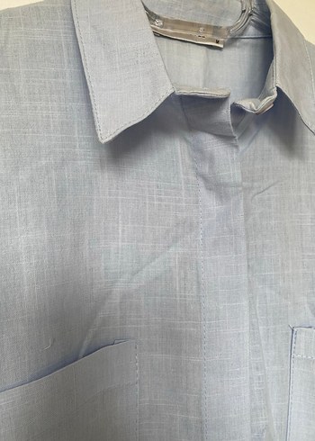 Mavi Keten Düğmeli Bol Kesim Gömlek - Görsel 7