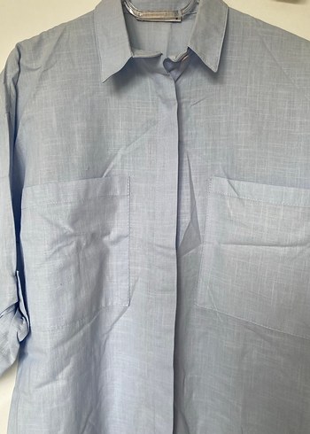 Mavi Keten Düğmeli Bol Kesim Gömlek - Görsel 3