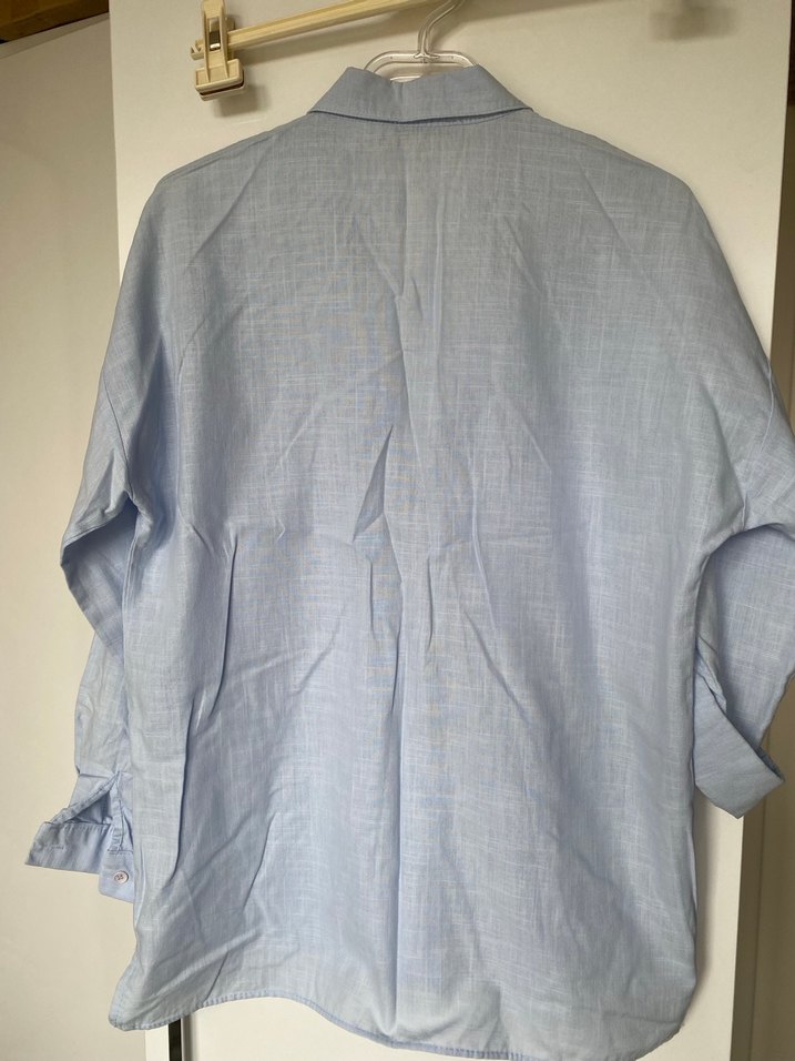 Mavi Keten Düğmeli Bol Kesim Gömlek - Görsel 5