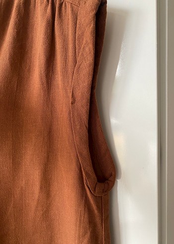 Püsküllü Kahverengi Keten Midi Elbise - Görsel 4