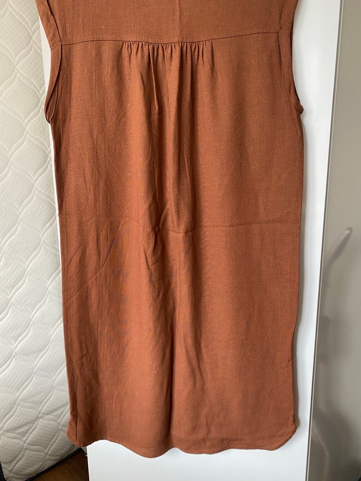 Püsküllü Kahverengi Keten Midi Elbise - Görsel 2